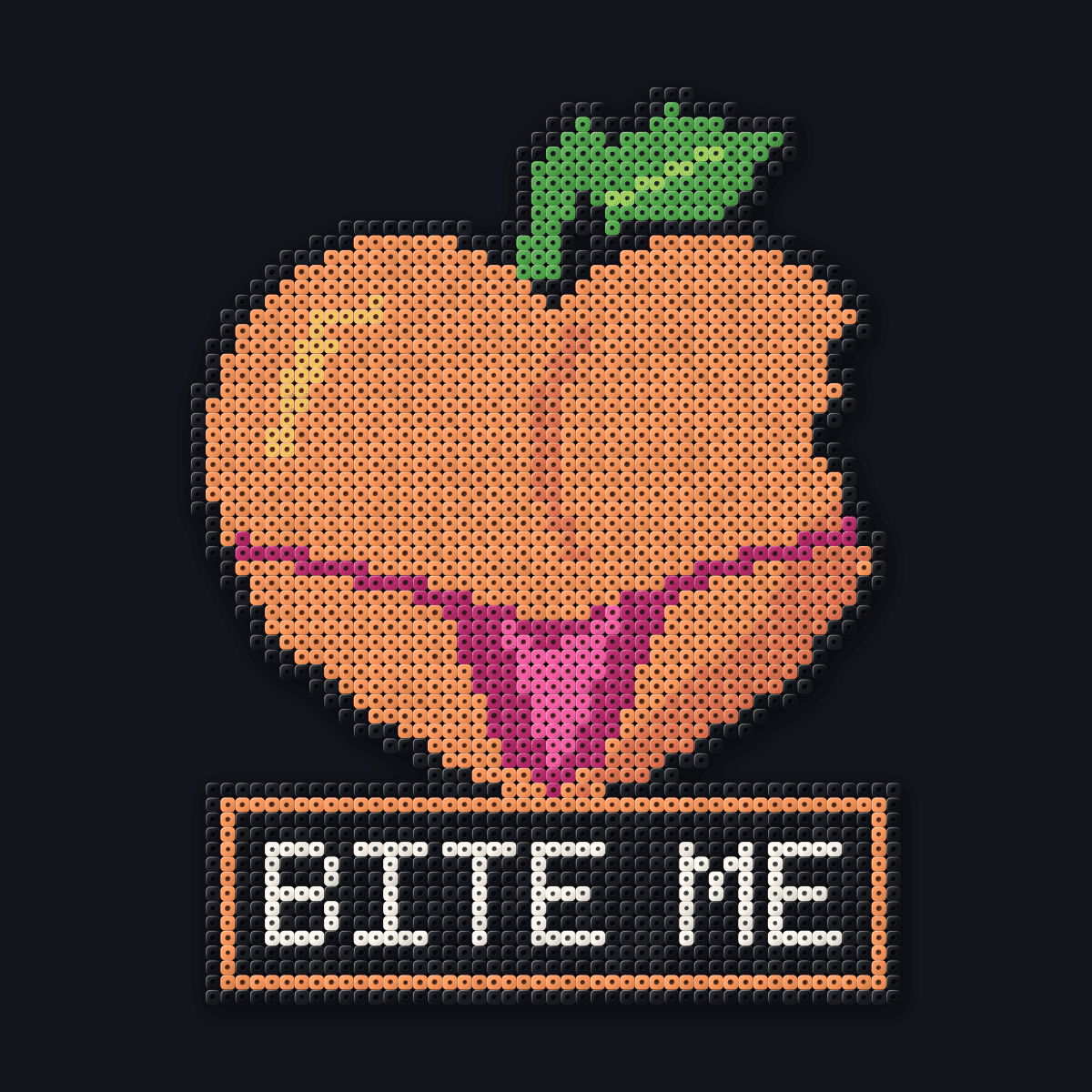 Bite Me perler pendant: a peach in a pink thong above a BITE ME caption