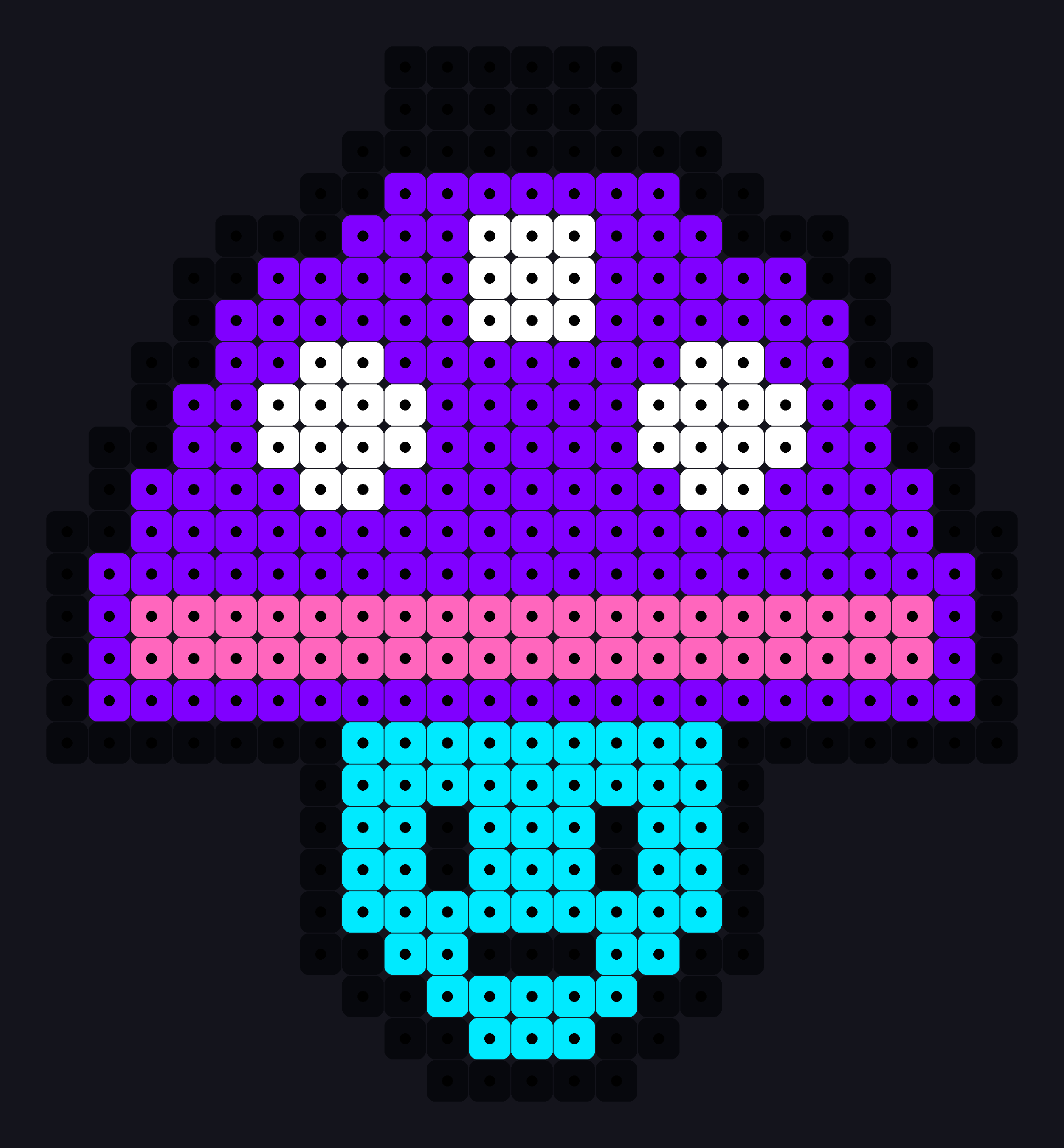 Festival Mushroom perler keychain: a violet mushroom with white spots and an aqua stem, 2.6 mm mini beads
