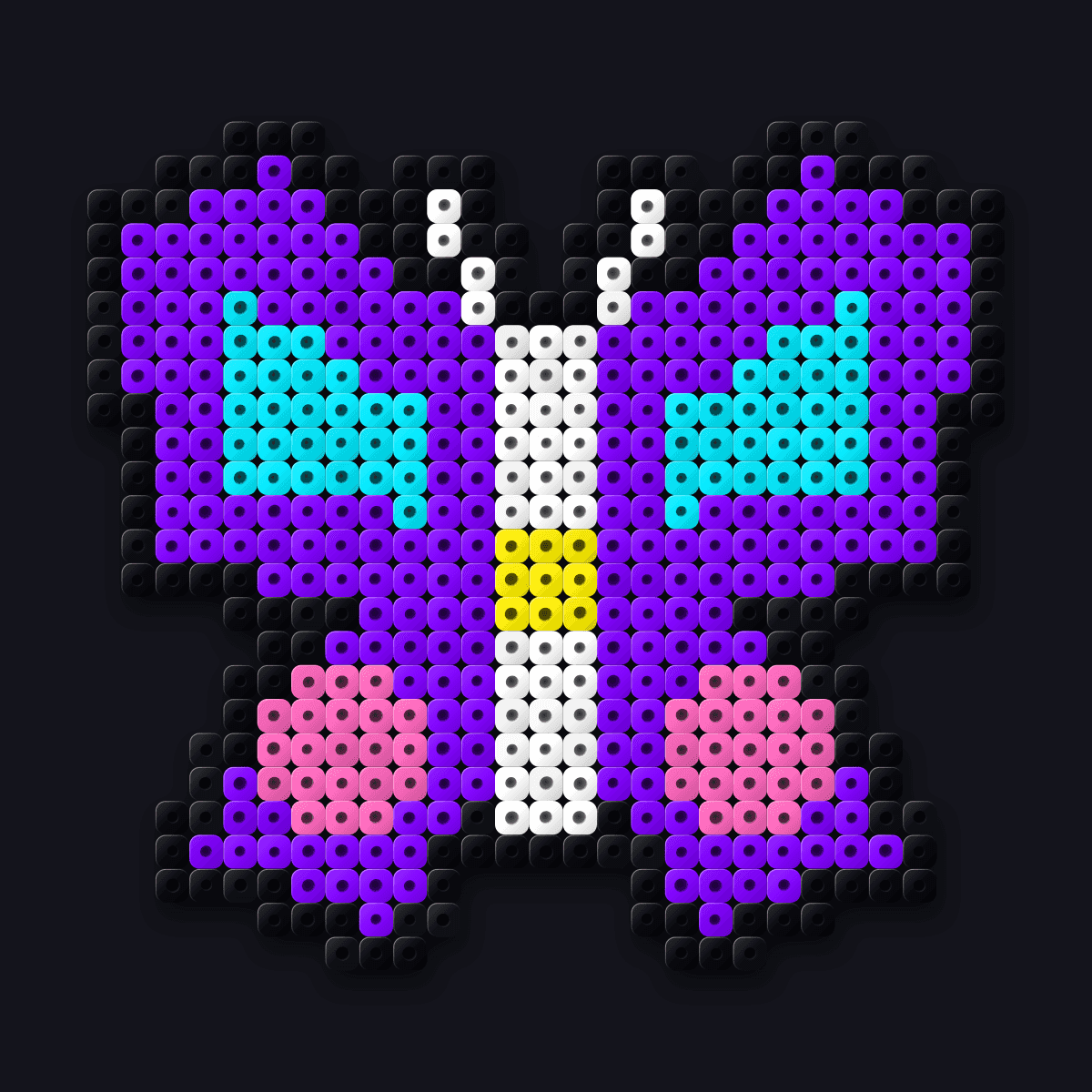 Lunar Moth perler pendant: a violet moth with aqua and pink wings