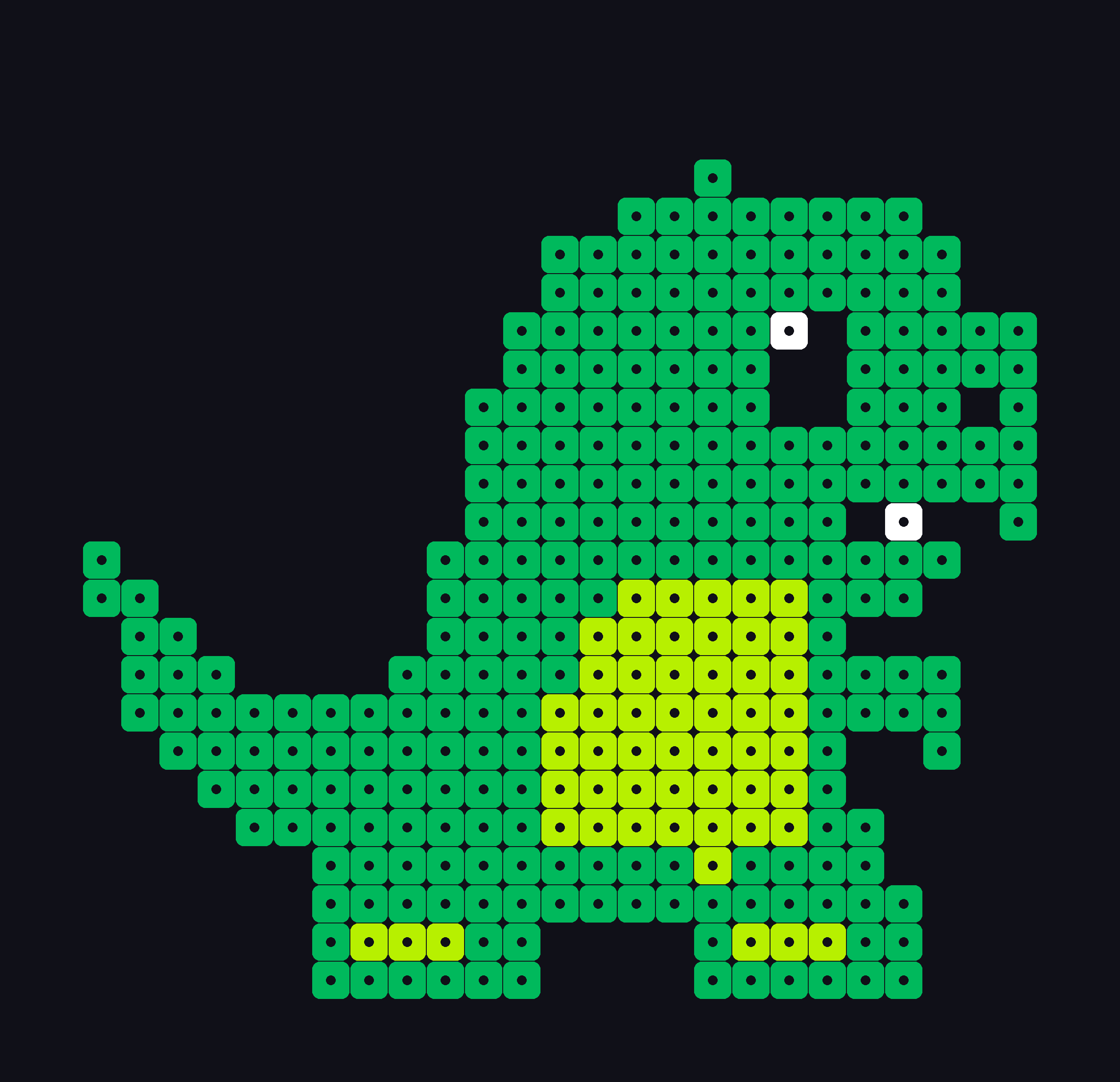 Pocket Dino perler keychain: a round green dino with a curved tail, 2.6 mm mini beads