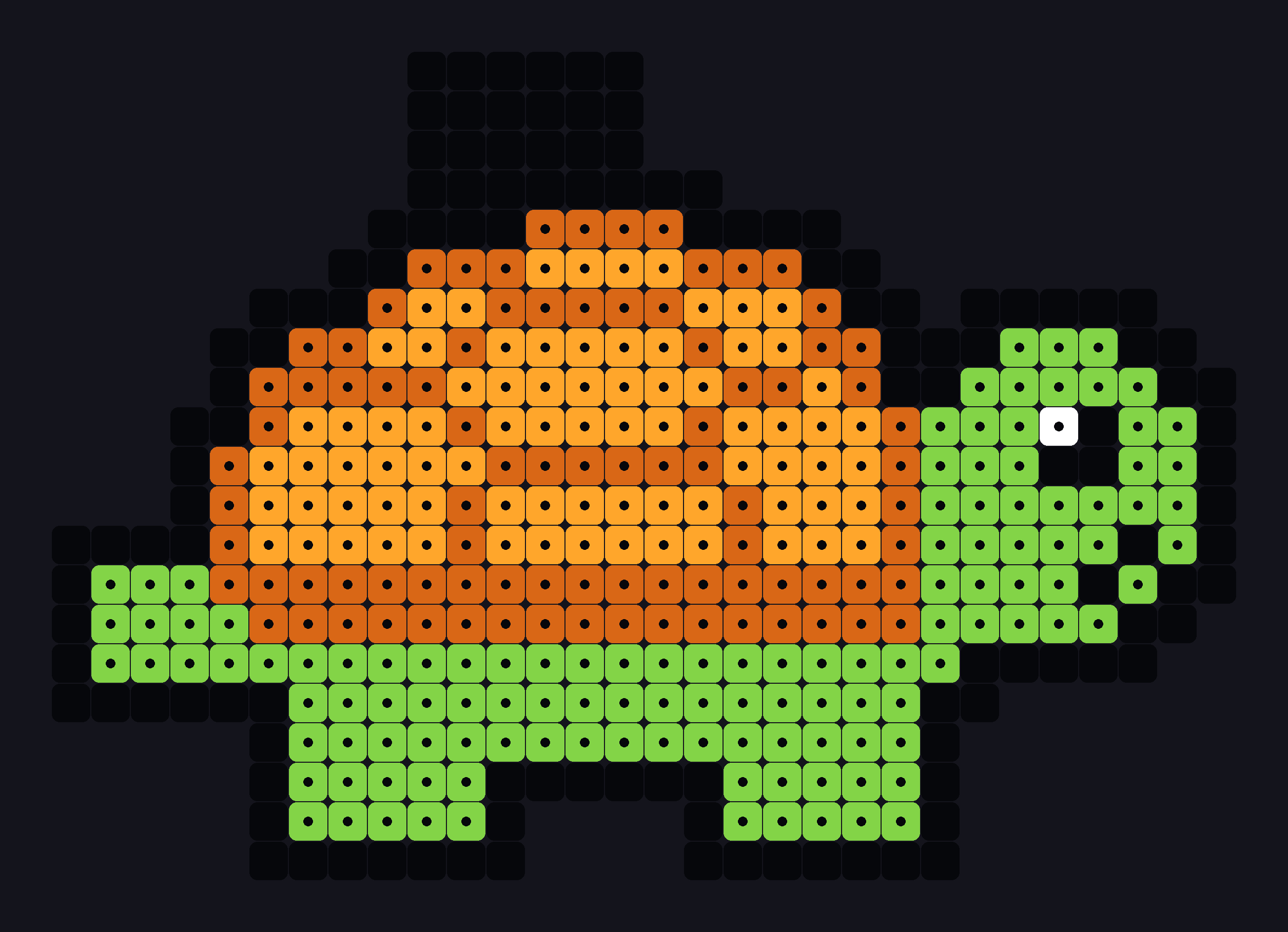 Pocket Turtle perler keychain: orange and golden shell with a central hexagonal scute, leaf-green body, 2.6 mm mini beads